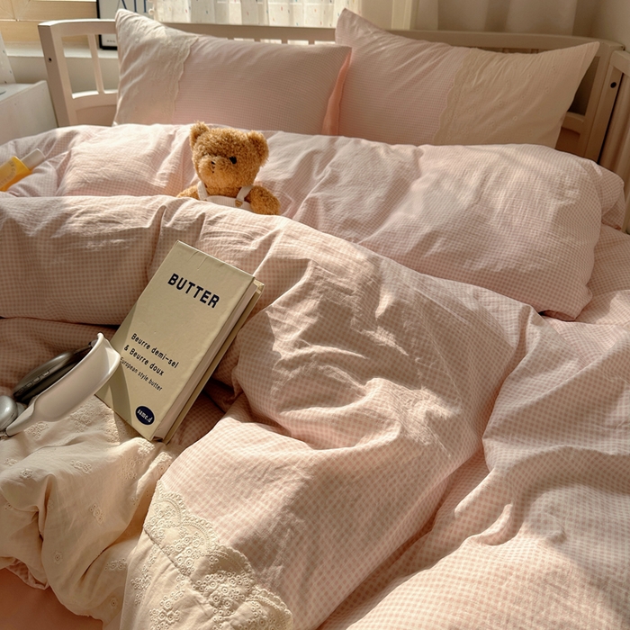 91家纺网 家纺一手货源 找家纺 顾里家纺 2025新款简约小资系列云感双层纱四件套 小粉格