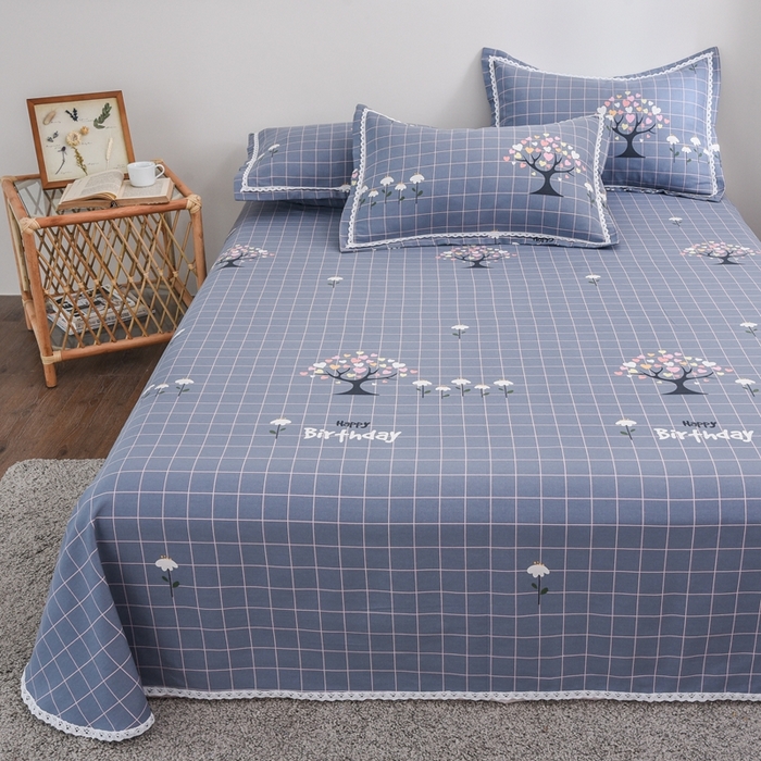 91家纺网 家纺一手货源 找家纺 仟网汇 2025全棉老粗布蕾丝花边三件套（无纺布手提包装） 发财树蓝灰