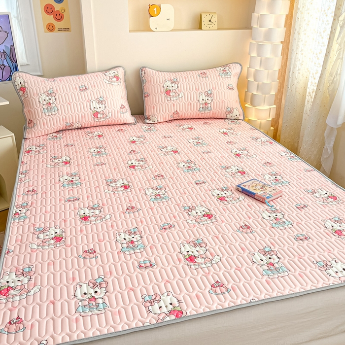 91家纺网 家纺一手货源 找家纺 柒月家居 2025新款小清新乳胶凉席 粉色猫咪