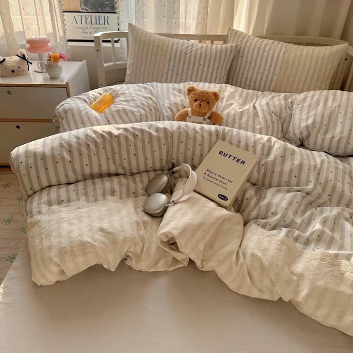 91家纺网 家纺一手货源 找家纺 顾里家纺 2025新款简约小资系列云感双层纱四件套 条纹星星灰