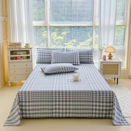 仟网汇 2025新款老粗布床单粗布凉席老粗布单床单枕套单品 蓝小格