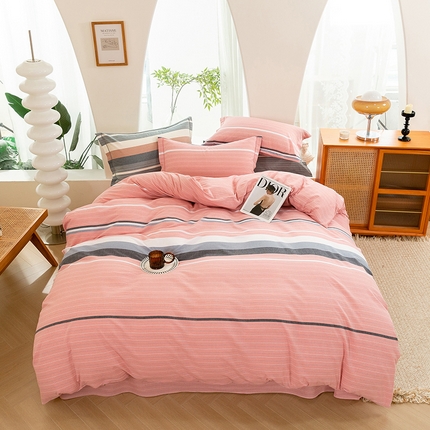 91家纺网 家纺一手货源 找家纺 喜四方 2025新款全棉色织水洗棉四件套 慢生活（粉）