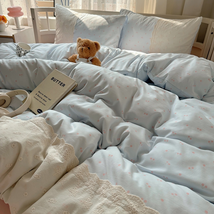 91家纺网 家纺一手货源 找家纺 顾里家纺 2025新款简约小资系列云感双层纱四件套 蓝粉樱桃