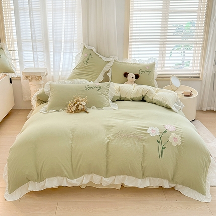 91家纺网 家纺一手货源 找家纺 家贝爱 2025新款花边刺绣四件套繁朵系列 繁朵-青