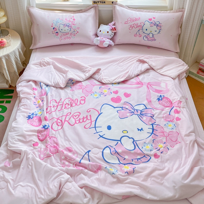 91家纺网 家纺一手货源 找家纺 博雅 2025新款 三丽鸥凉感丝夏被冰丝凉席组合四件套 甜心KT