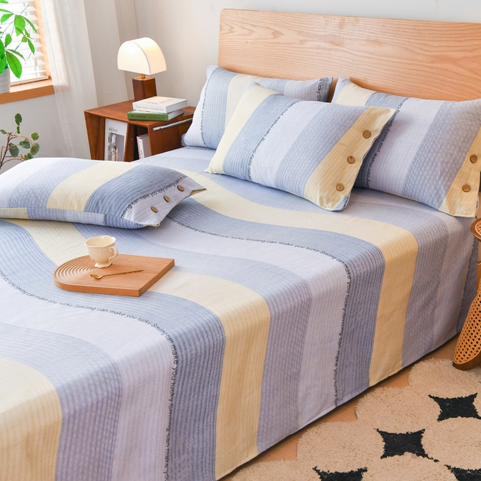 91家纺网 家纺一手货源 找家纺 仟网汇 2025新款活性印染无印纽扣原棉老粗布三件套 蓝波纹