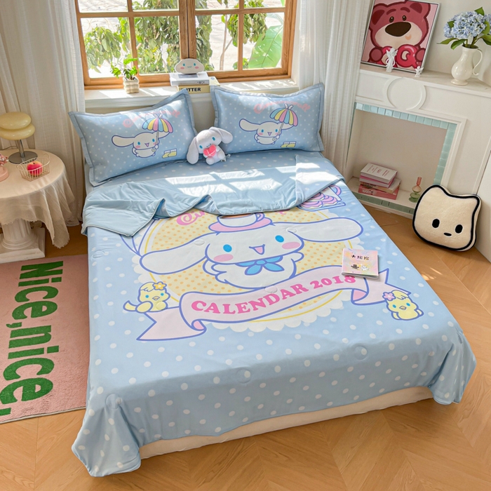 91家纺网 家纺一手货源 找家纺 博雅 2025新款 三丽鸥凉感丝夏被冰丝凉席组合四件套 欢乐玉桂狗