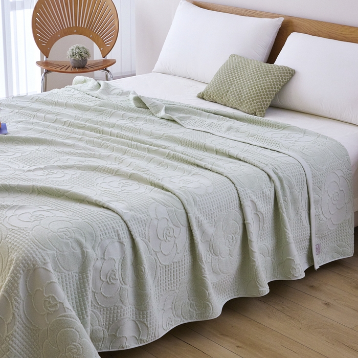 91家纺网 家纺一手货源 找家纺 爱港家纺 2025新款上海专版老式怀旧全棉A类纱布毛巾被 茶花-绿