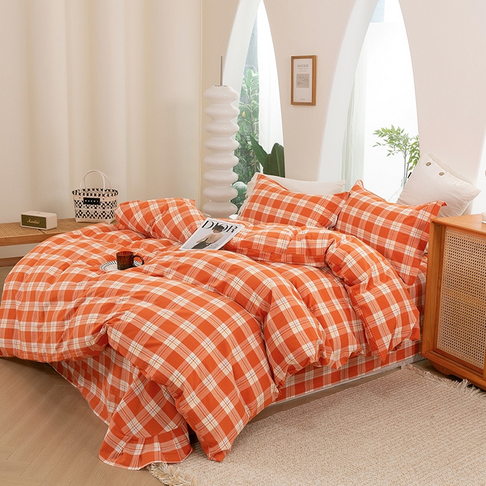 91家纺网 家纺一手货源 找家纺 喜四方 2025新款全棉色织水洗棉四件套 罗兰（桔）