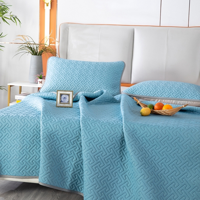 91家纺网 家纺一手货源 找家纺 美丽折2025夏季新品高端加厚全冰丝生物基乳胶凉席三件套 水洗天然乳胶凉席 孔雀蓝T