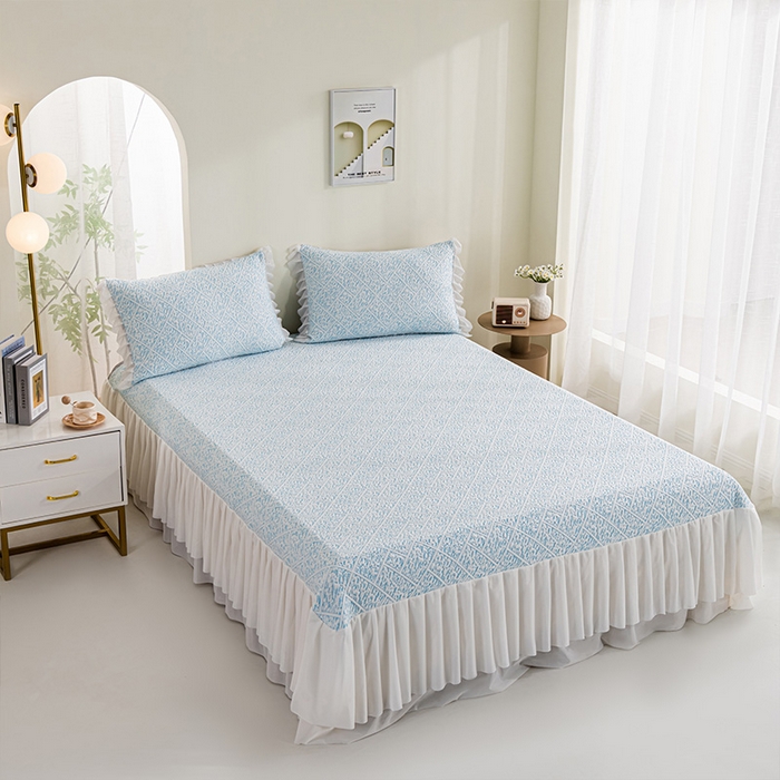 91家纺网 家纺一手货源 找家纺 鑫姿 2025新款5A抗菌凉席床裙款-雅致系列 雅致床裙款-冰浅蓝