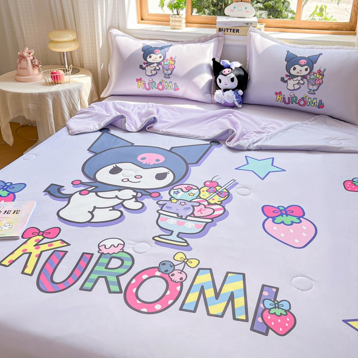 91家纺网 家纺一手货源 找家纺 博雅 2025新款 三丽鸥凉感丝夏被冰丝凉席组合四件套 开心库洛米