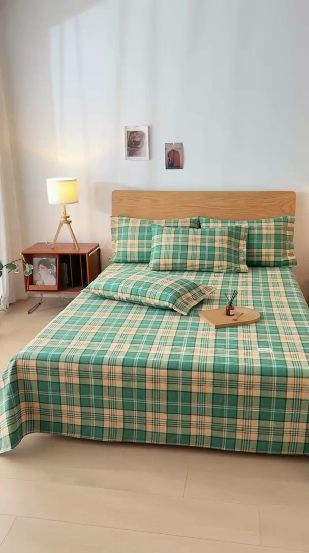 91家纺网 家纺一手货源 找家纺 仟网汇 2025新款活性印染无印纽扣原棉老粗布三件套 绿小格