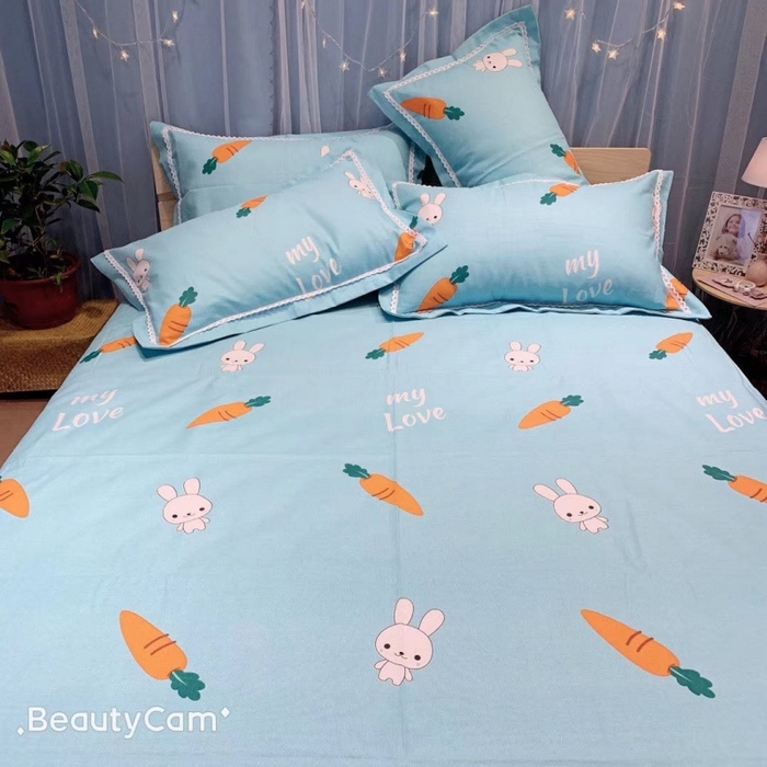 91家纺网 家纺一手货源 找家纺 仟网汇 2025全棉老粗布蕾丝花边三件套（无纺布手提包装） 胡萝卜蓝