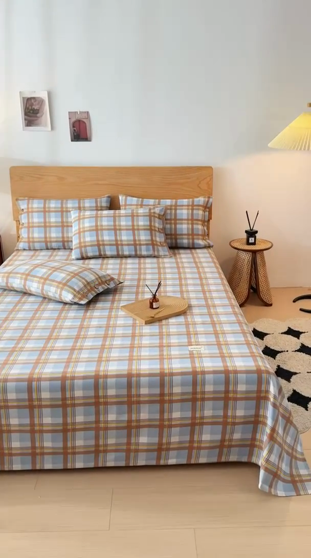 91家纺网 家纺一手货源 找家纺 仟网汇 2025新款活性印染无印纽扣原棉老粗布三件套 咖小格