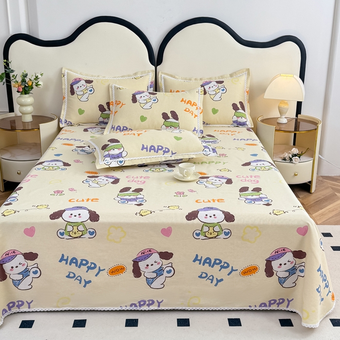 91家纺网 家纺一手货源 找家纺 仟网汇 2025全棉老粗布蕾丝花边三件套（无纺布手提包装） 快乐小狗