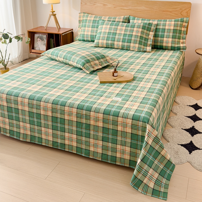 91家纺网 家纺一手货源 找家纺 仟网汇 2025新款活性印染无印纽扣原棉老粗布三件套 绿小格