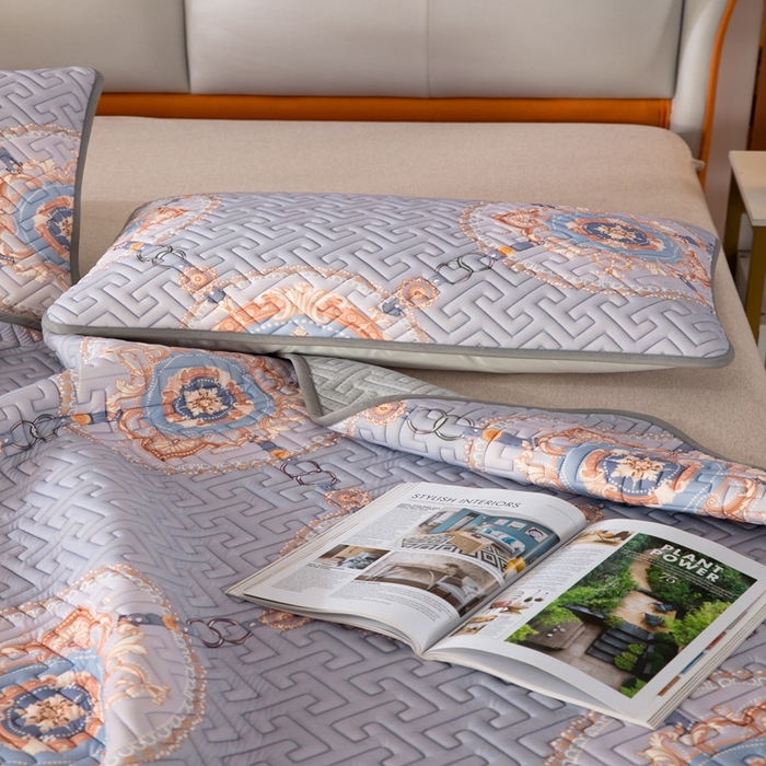 91家纺网 家纺一手货源 找家纺 美丽折2025夏季新品高端加厚全冰丝生物基乳胶凉席三件套 水洗天然乳胶凉席 富贵华庭紫