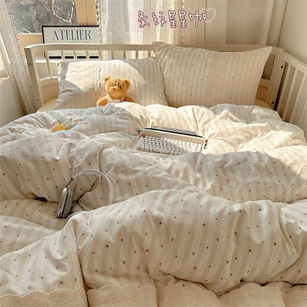 顾里家纺 2025新款简约小资系列云感双层纱四件套 条纹星星咖