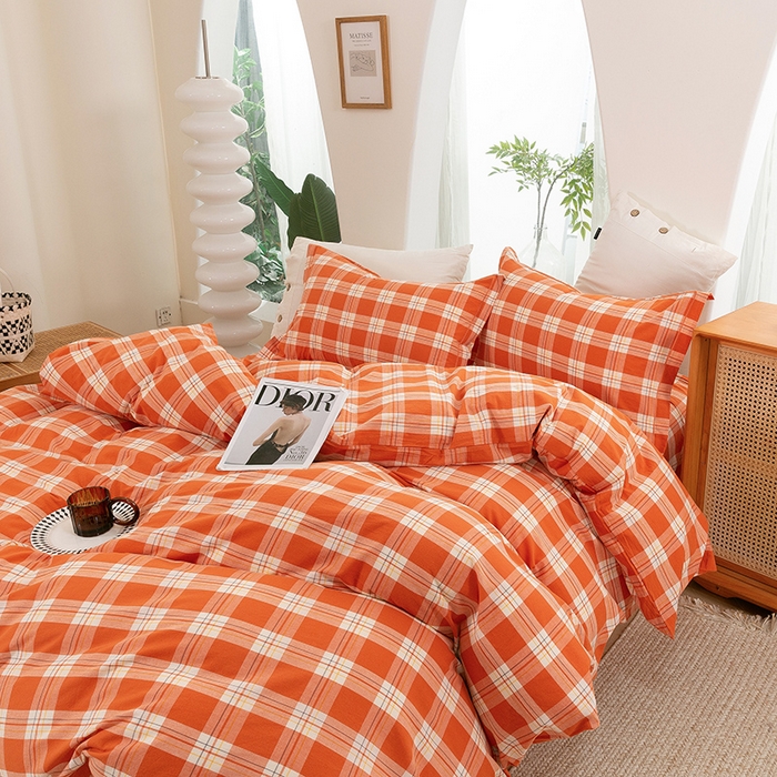 91家纺网 家纺一手货源 找家纺 喜四方 2025新款全棉色织水洗棉四件套 罗兰（桔）