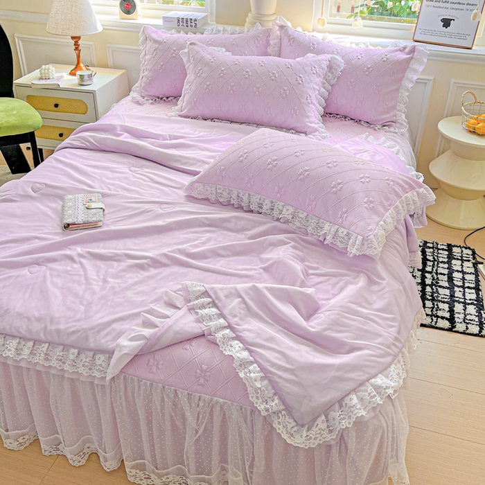 91家纺网 家纺一手货源 找家纺 创爱家纺 2025新款3D提花冰豆豆床裙款凉席夏被四件套 冰豆豆-紫