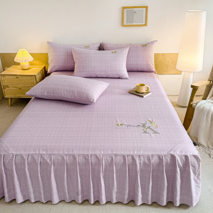 91家纺网 家纺一手货源 找家纺 布柔 2025新款100%全棉纯棉老粗布绣花印花凉席单品床裙 米多紫