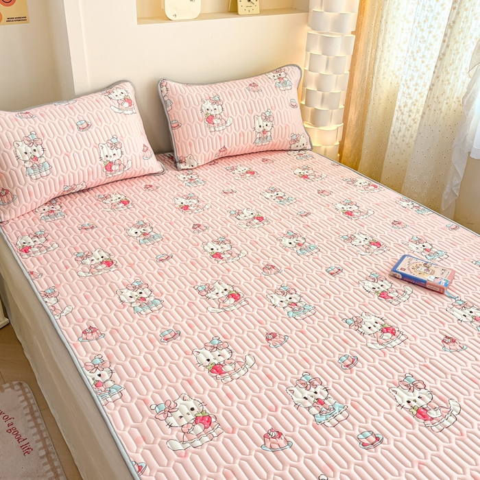 91家纺网 家纺一手货源 找家纺 柒月家居 2025新款小清新乳胶凉席 粉色猫咪