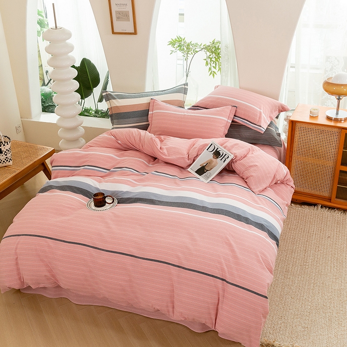 91家纺网 家纺一手货源 找家纺 喜四方 2025新款全棉色织水洗棉四件套 慢生活（粉）