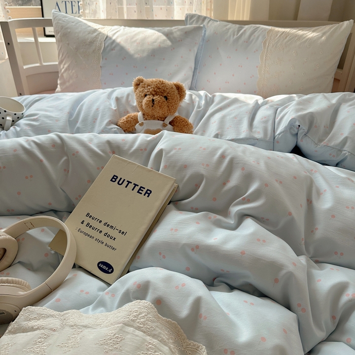 91家纺网 家纺一手货源 找家纺 顾里家纺 2025新款简约小资系列云感双层纱四件套 蓝粉樱桃