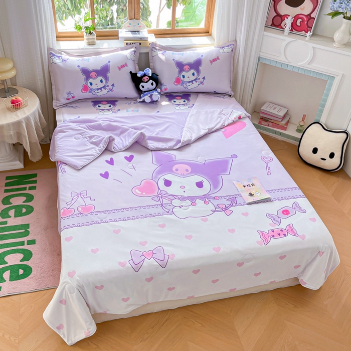 91家纺网 家纺一手货源 找家纺 博雅 2025新款 三丽鸥凉感丝夏被冰丝凉席组合四件套 气球库洛米