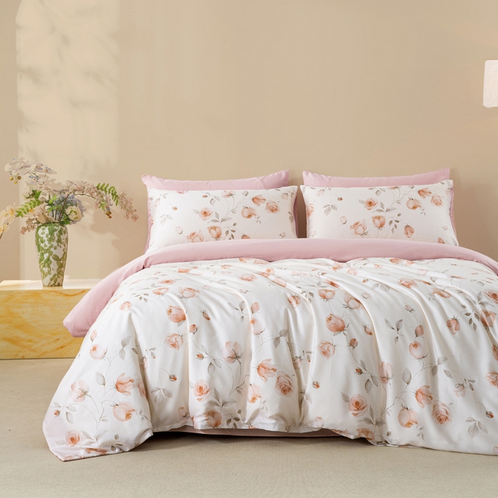 91家纺网 家纺一手货源 找家纺 帅露家纺 2025新款50S莱赛尔天丝印花四件套 花艺盈香-粉