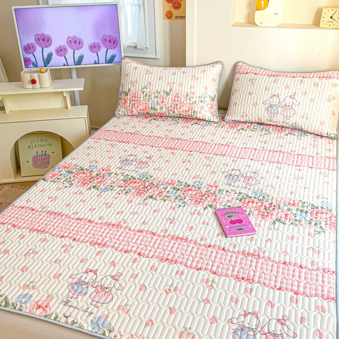 91家纺网 家纺一手货源 找家纺 柒月家居 2025新款小清新乳胶凉席 粉系花园