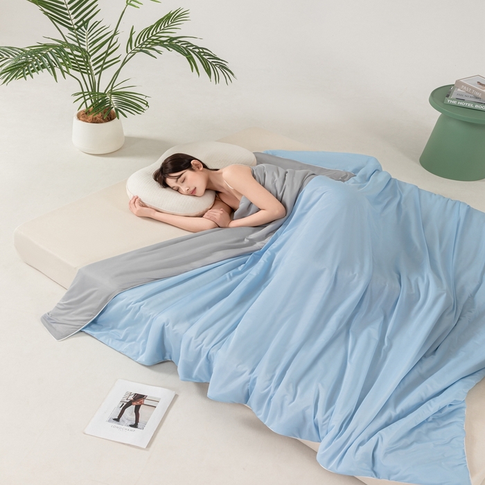 91家纺网 家纺一手货源 找家纺 潮邦家居 2025新款凉感丝夏被夏凉被空调被 天空蓝拼灰