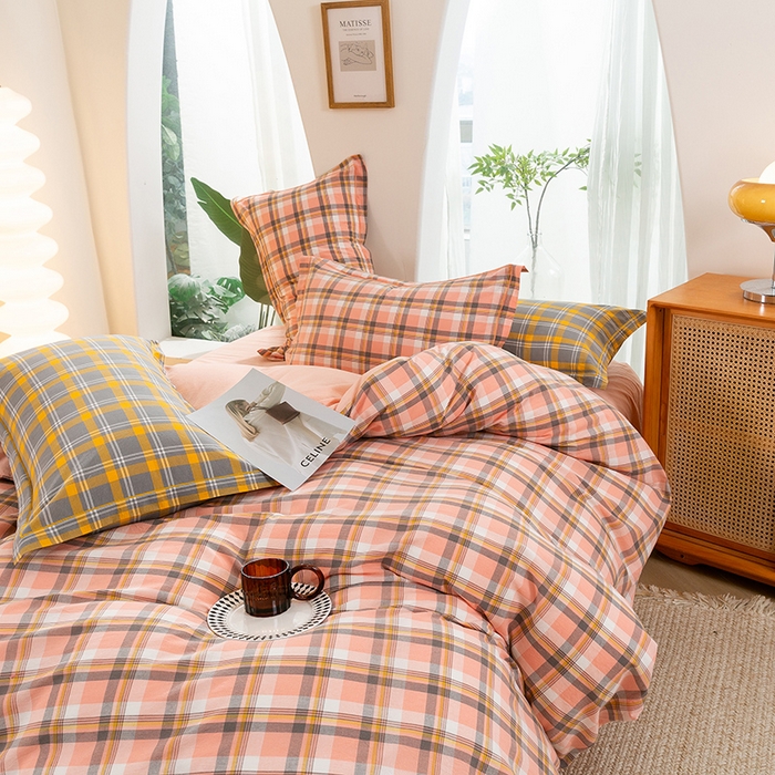 91家纺网 家纺一手货源 找家纺 喜四方 2025新款全棉色织水洗棉四件套 格丽（桔）