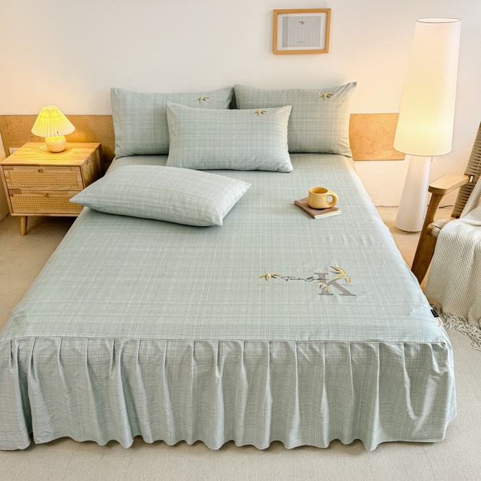 91家纺网 家纺一手货源 找家纺 布柔 2025新款100%全棉纯棉老粗布绣花印花凉席单品床裙 米多绿