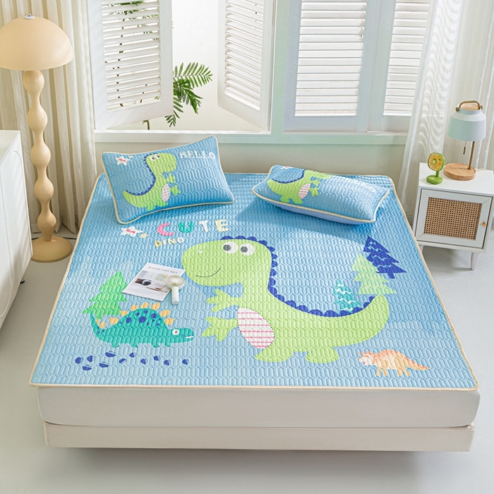 91家纺网 家纺一手货源 找家纺 美丽折2025新品6mm厚天然乳胶凉席三件套 大版印花卡通乳胶凉席平铺款 酷玩龙