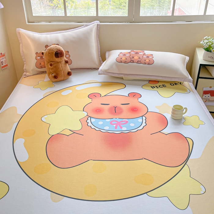 91家纺网 家纺一手货源 找家纺 博雅 2025新款独家版权A类大版数码印花1200D冰丝凉席 月亮卡皮巴拉