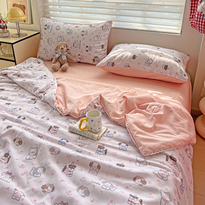 91家纺网 家纺一手货源 找家纺 妖妖家纺 2025新款超柔双层纱糯糯针织棉夏凉被四件套 狗狗乐园