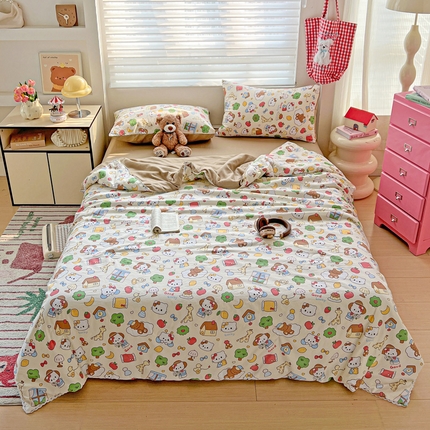 91家纺网 家纺一手货源 找家纺 妖妖家纺 2025新款超柔双层纱糯糯针织棉夏凉被四件套 猫咪春游迹