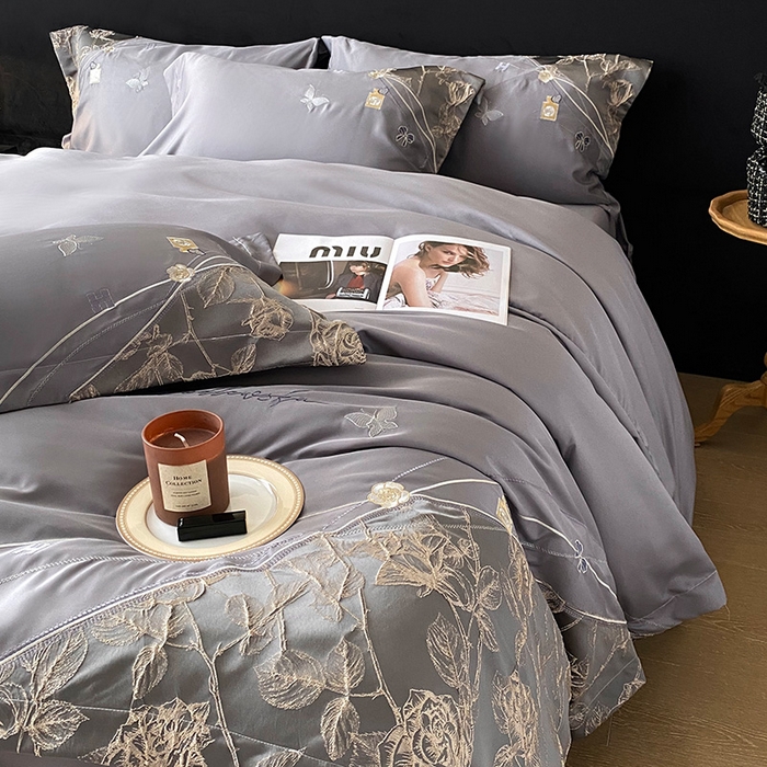 91家纺网 家纺一手货源 找家纺 优悦生活馆 2025新款冰丝浮雕绣花四件套 幽兰轻舞-深灰