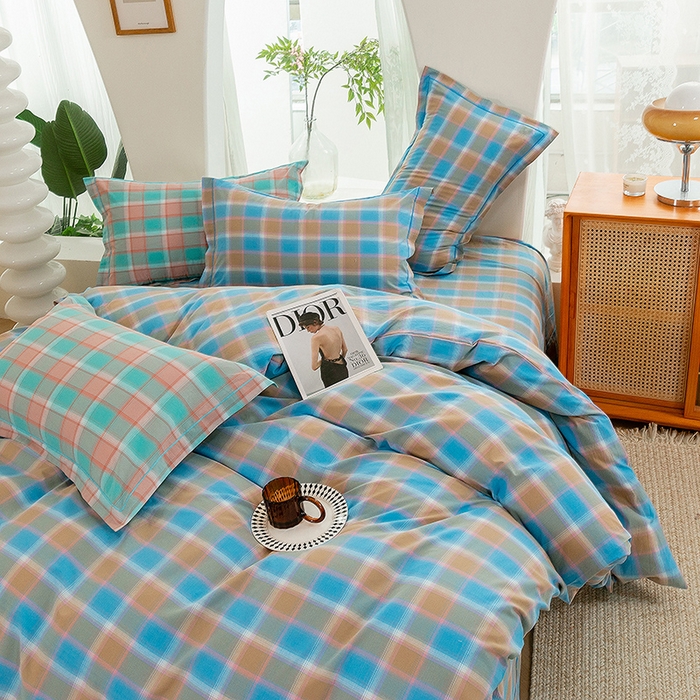 91家纺网 家纺一手货源 找家纺 喜四方 2025新款全棉色织水洗棉四件套 思域（蓝）