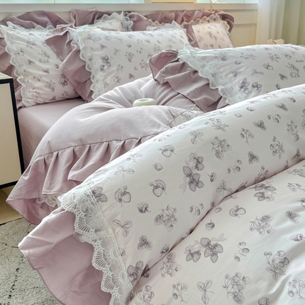 91家纺网 家纺一手货源 找家纺 锦格家纺 2025年新款全棉印花小清新花边四件套 紫苏