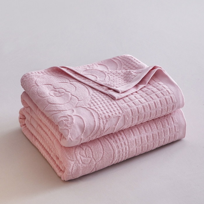 91家纺网 家纺一手货源 找家纺 爱港家纺 2025新款上海专版老式怀旧全棉A类纱布毛巾被 茶花-粉