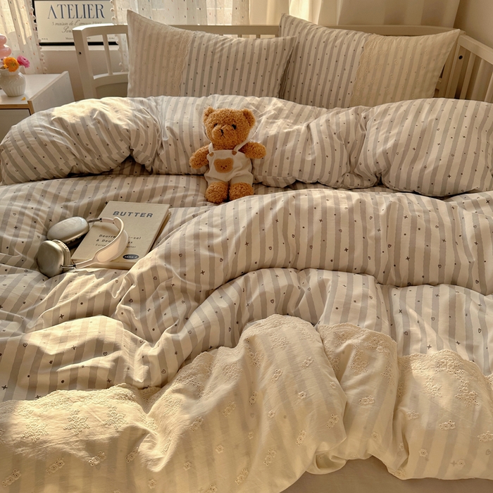 91家纺网 家纺一手货源 找家纺 顾里家纺 2025新款简约小资系列云感双层纱四件套 条纹星星灰