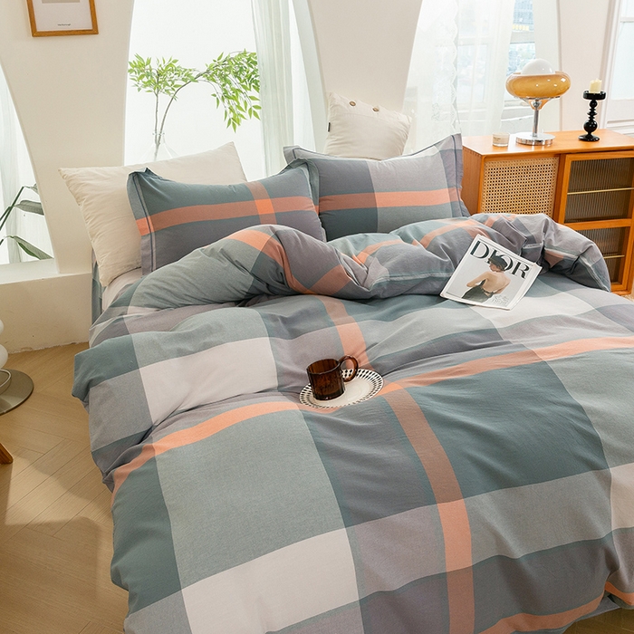 91家纺网 家纺一手货源 找家纺 喜四方 2025新款全棉色织水洗棉四件套 北欧风情（桔灰）