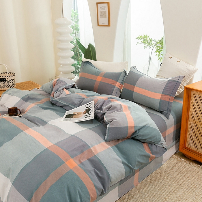 91家纺网 家纺一手货源 找家纺 喜四方 2025新款全棉色织水洗棉四件套 北欧风情（桔灰）