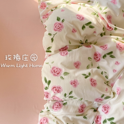 91家纺网 家纺一手货源 找家纺 【提供买家秀】2025直播云感皱皱棉四件套水洗棉简约风小碎花被套床笠三件套-细节图 玫瑰庄园