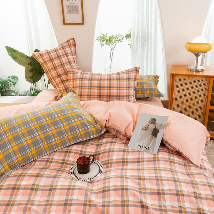 91家纺网 家纺一手货源 找家纺 喜四方 2025新款全棉色织水洗棉四件套 格丽（桔）