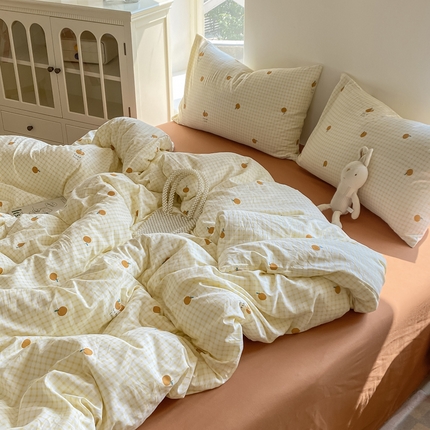 【提供买家秀】2025直播云感皱皱棉四件套水洗棉小清新碎花简约风单品单被套 好事橙双