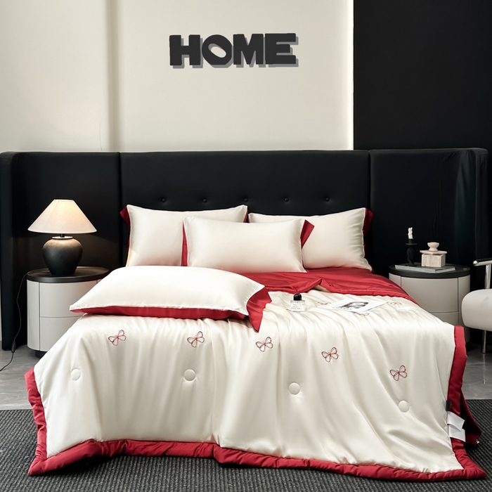 91家纺网 家纺一手货源 找家纺 满羽家纺 2025新款冰丝夏被四件套-满绣系列 迷蝶-奶白红